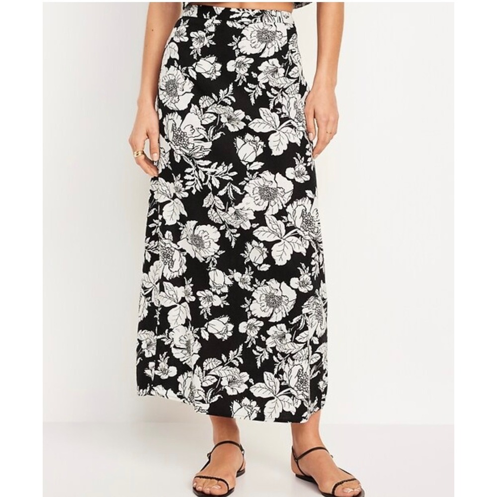 Old Navy Womens Black White Floral Linen Blend Maxi Skirt Side Slit Medium NEW
